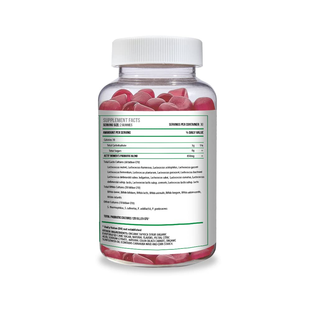 ACTIF Probiotic Gummies packaging front emphasizes vegan and non-GMO credentials.