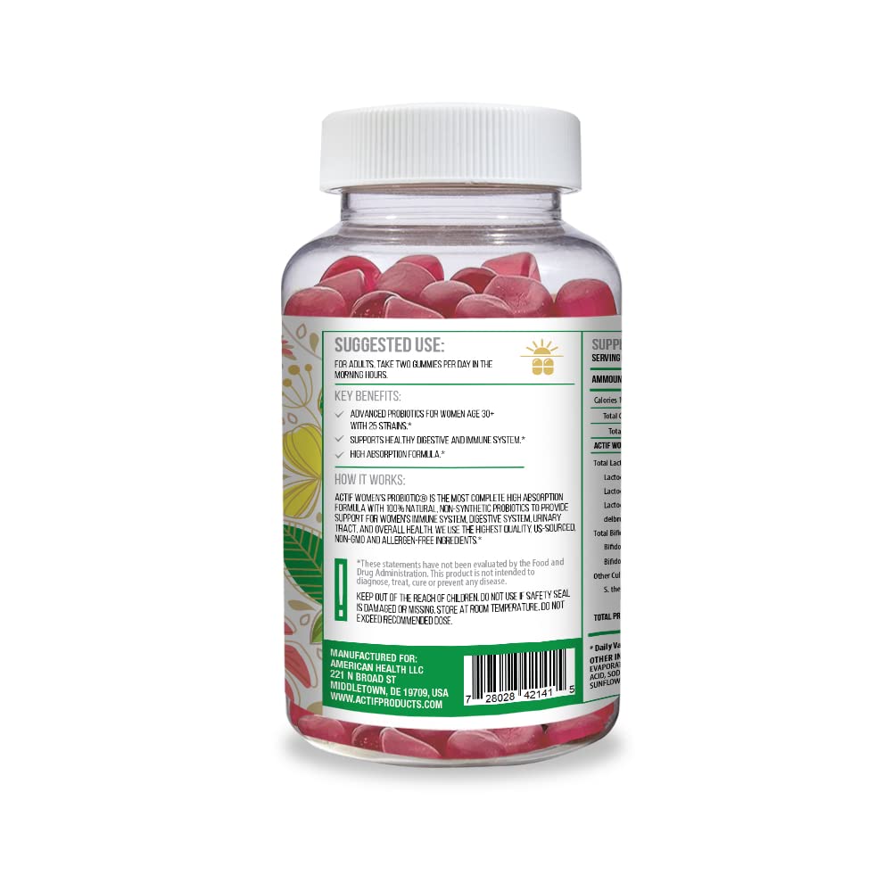 ACTIF Women's Probiotic Gummies close-up highlights real strawberry flavor for daily use.