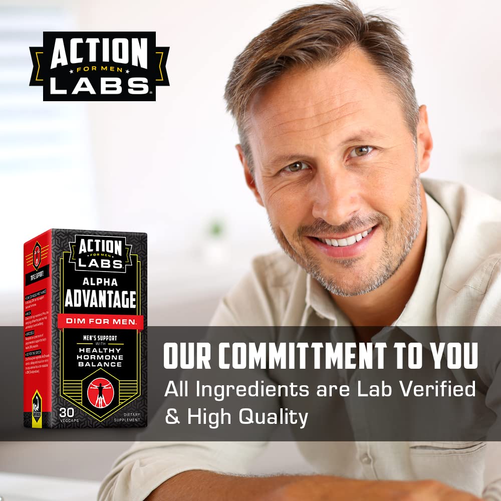 Action Labs Alpha Advantage DIM for Men label detail lists key ingredients for balance.