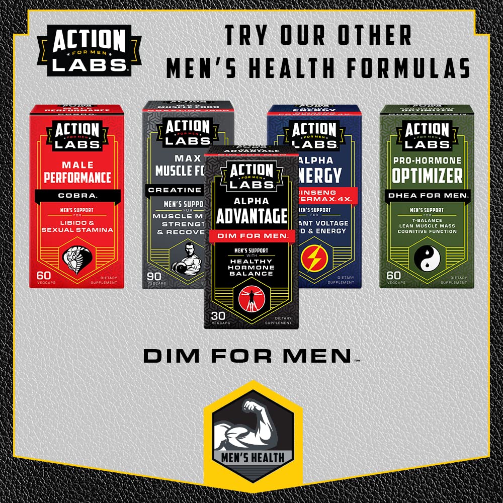 Action Labs Alpha Advantage DIM for Men open bottle with capsules ready to take.