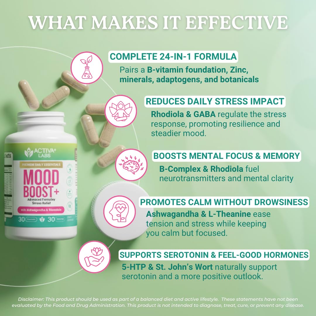 Activa Labs Mood Boost label highlights vegan, non-GMO credentials.