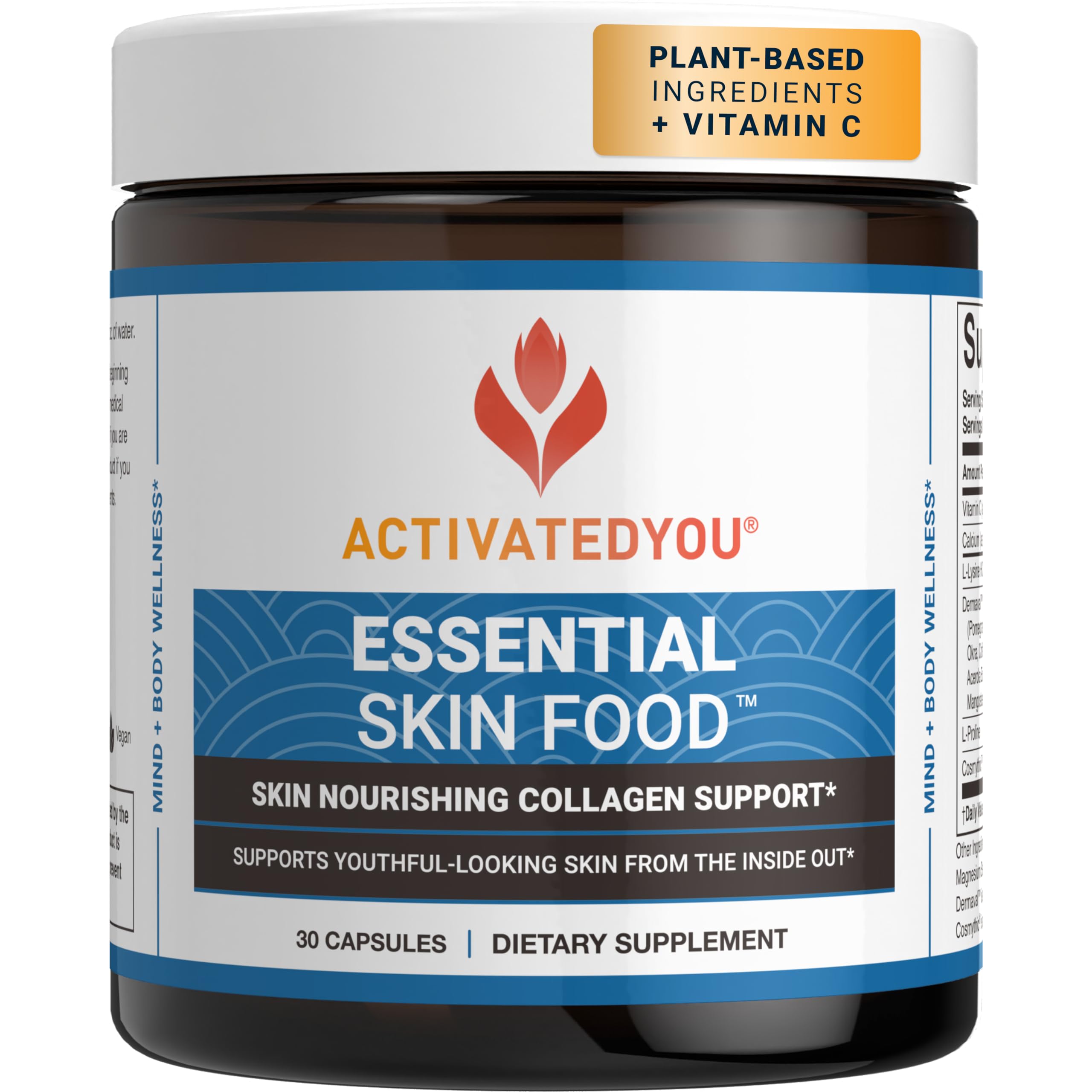 ActivatedYou Essential Skin Food bottle highlights capsules for firmer, smoother skin.