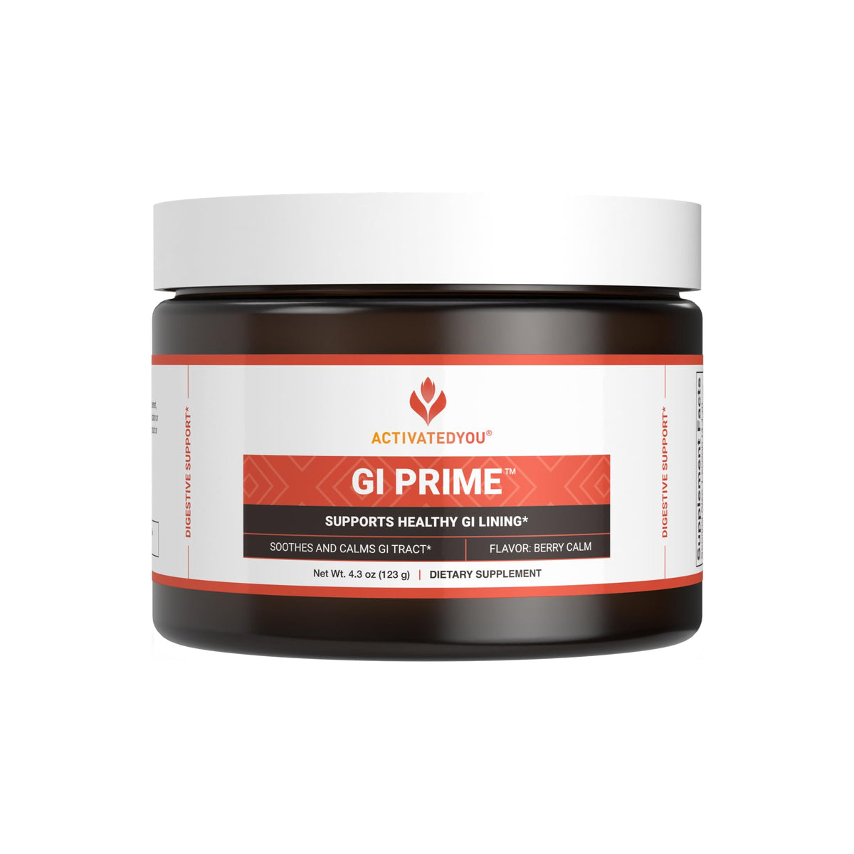 ACTIVATEDYOU GI Prime bottle beside a glass of Berry Calm for digestive comfort.