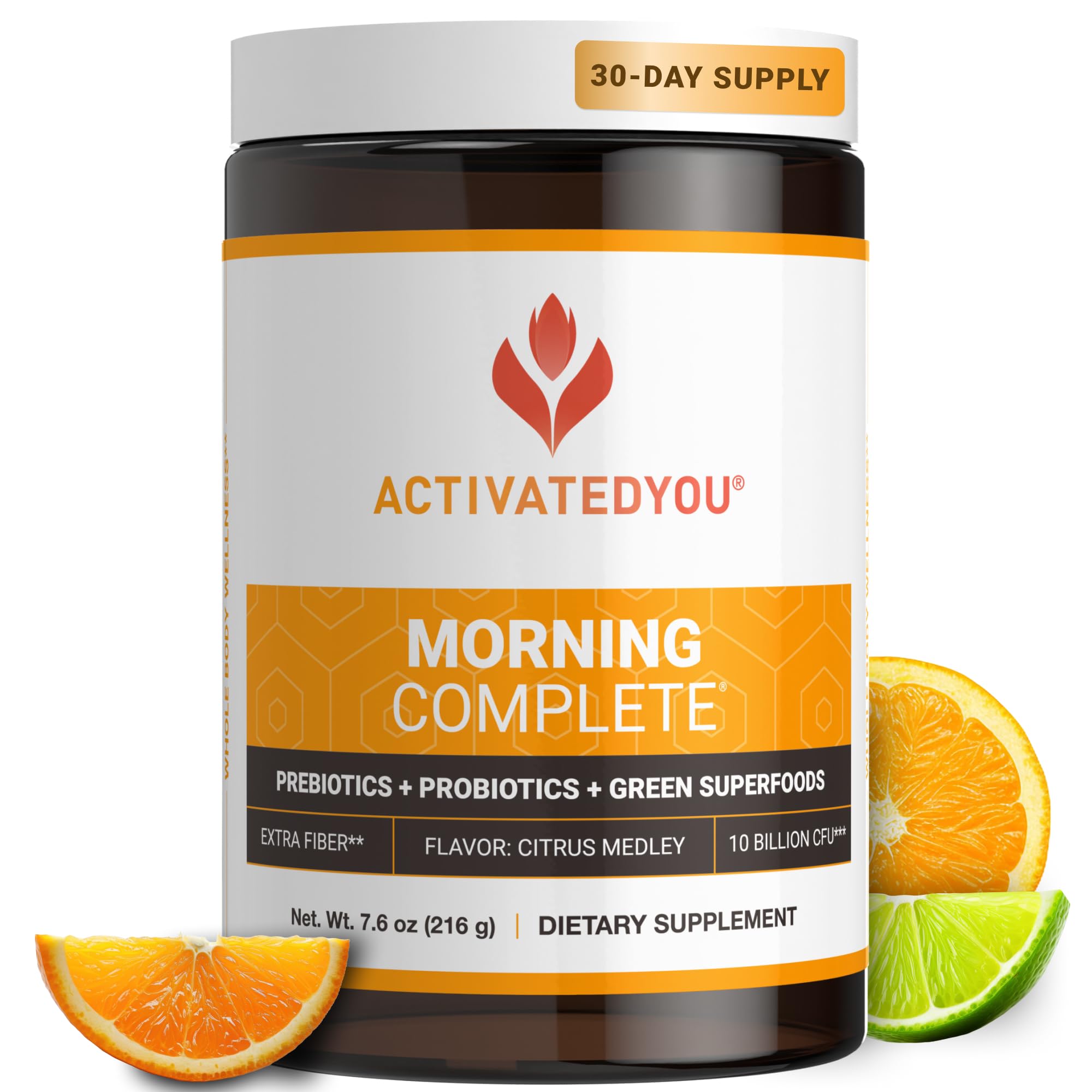 ActivatedYou Morning Complete bottle front with citrus flavor for daily energy and gut wellness.