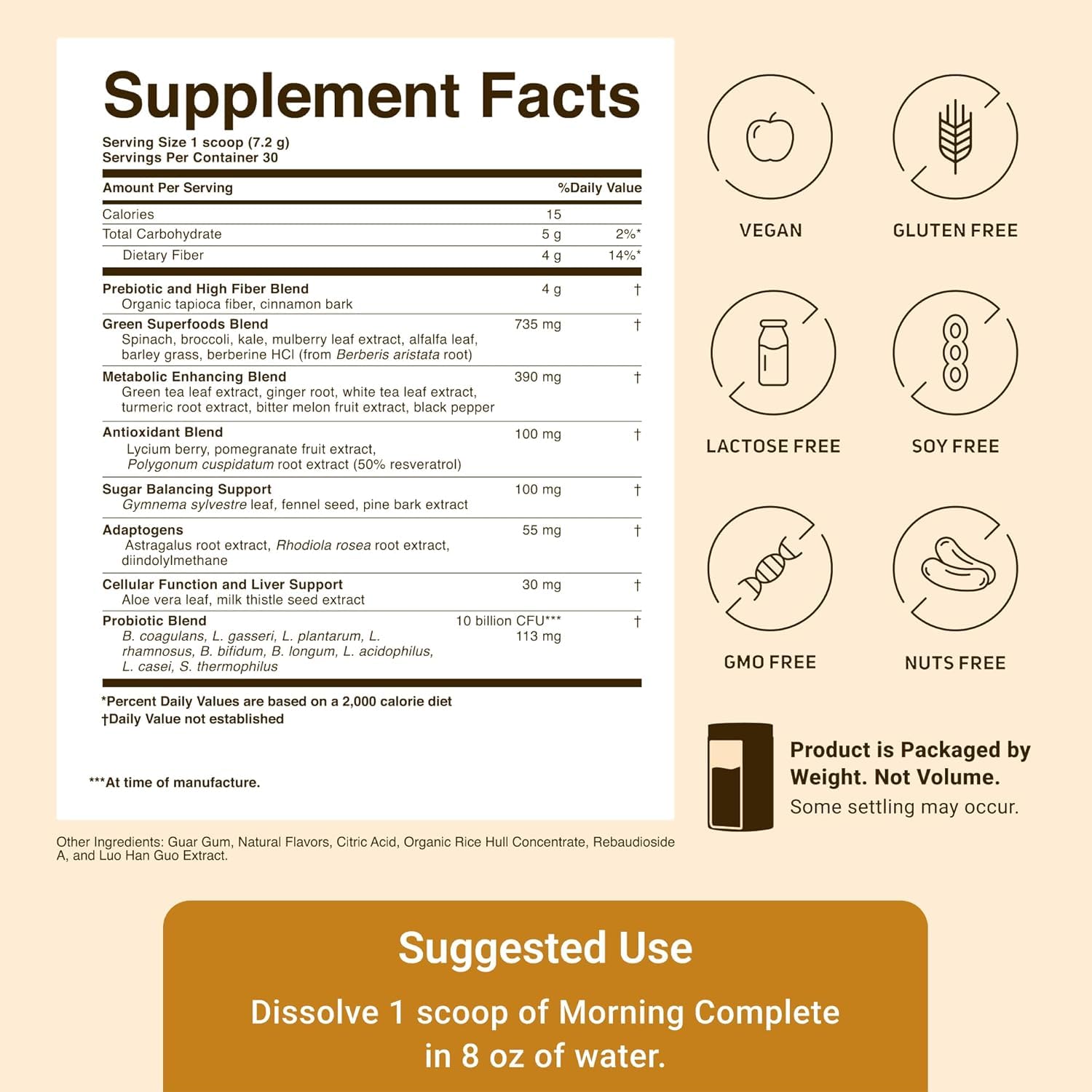ACTIVATEDYOU Morning Complete nutrition label highlights prebiotics, probiotics, and antioxidants.