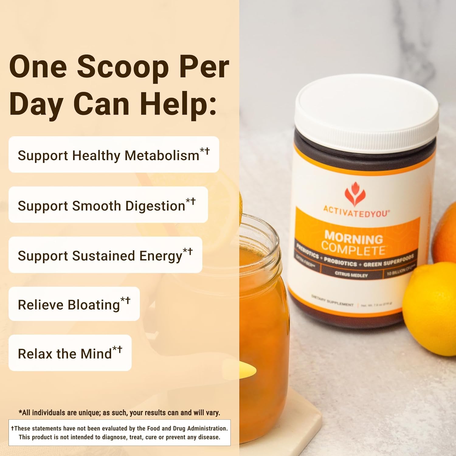 ACTIVATEDYOU Morning Complete powder being stirred in a glass for easy daily use.