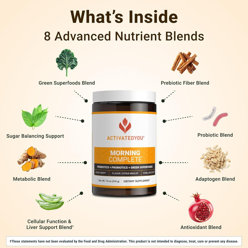 ACTIVATEDYOU Morning Complete serving glass with citrus greens powder for a refreshing blend.