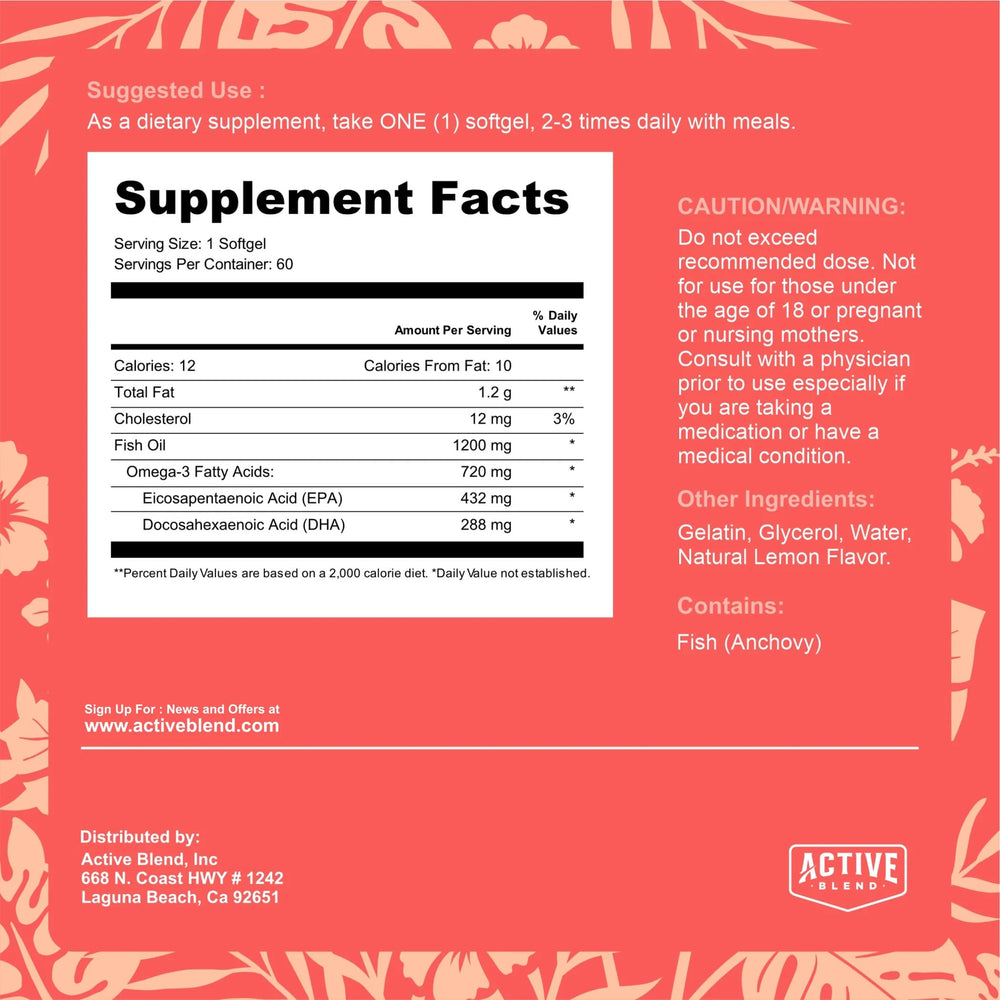 Active Blend Omega-3 capsules closeup emphasizes clean ingredients