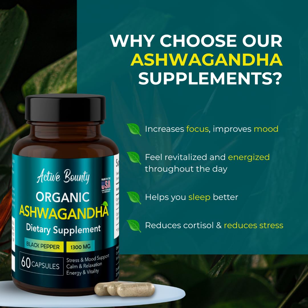 Close-up of Active Bounty Ashwagandha capsules with vegan, whole-root powder.