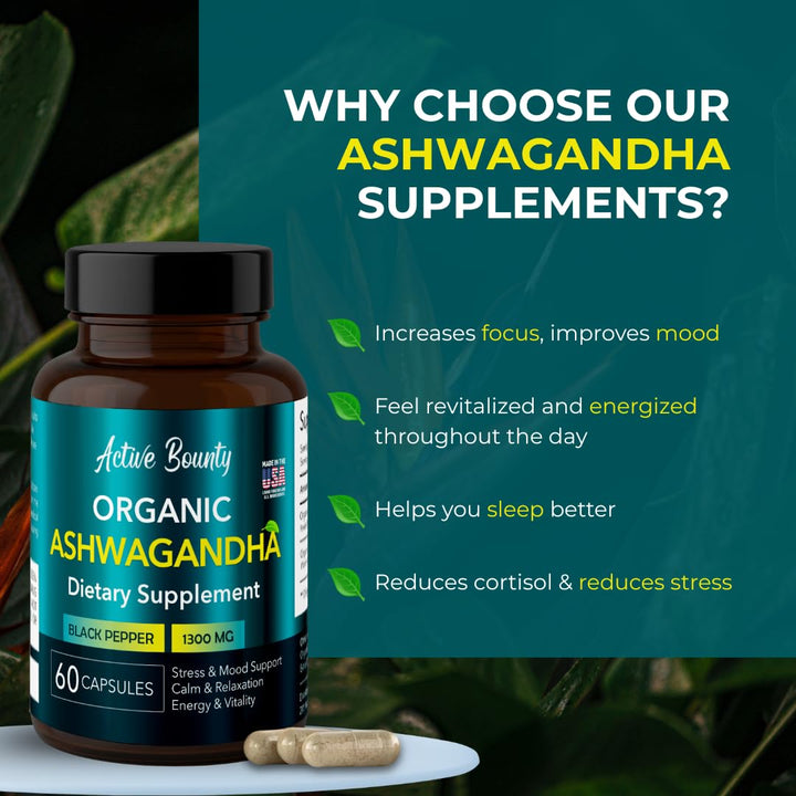 Close-up of Active Bounty Ashwagandha capsules with vegan, whole-root powder.