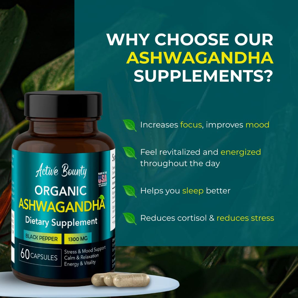 Close-up of Active Bounty Ashwagandha capsules with vegan, whole-root powder.