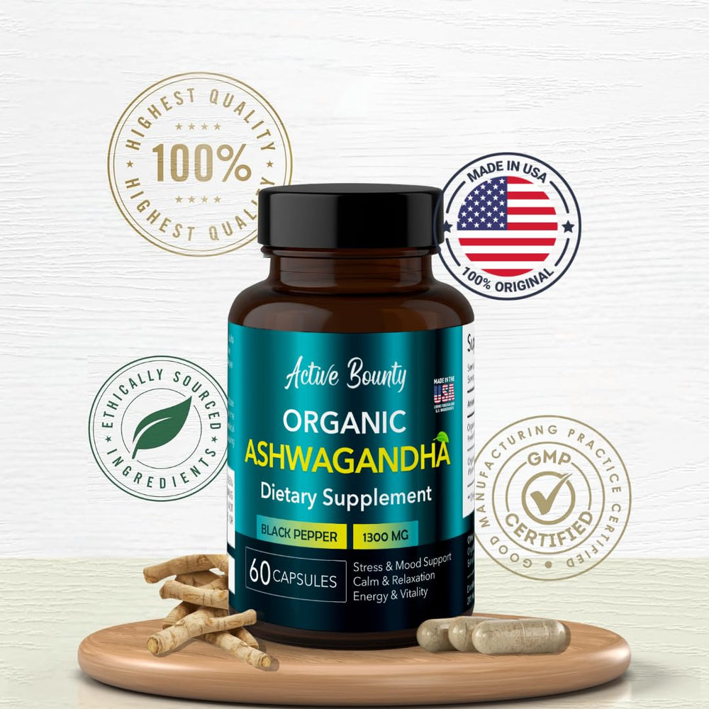 US-made Active Bounty Ashwagandha packaging with clean-label vegan formula.