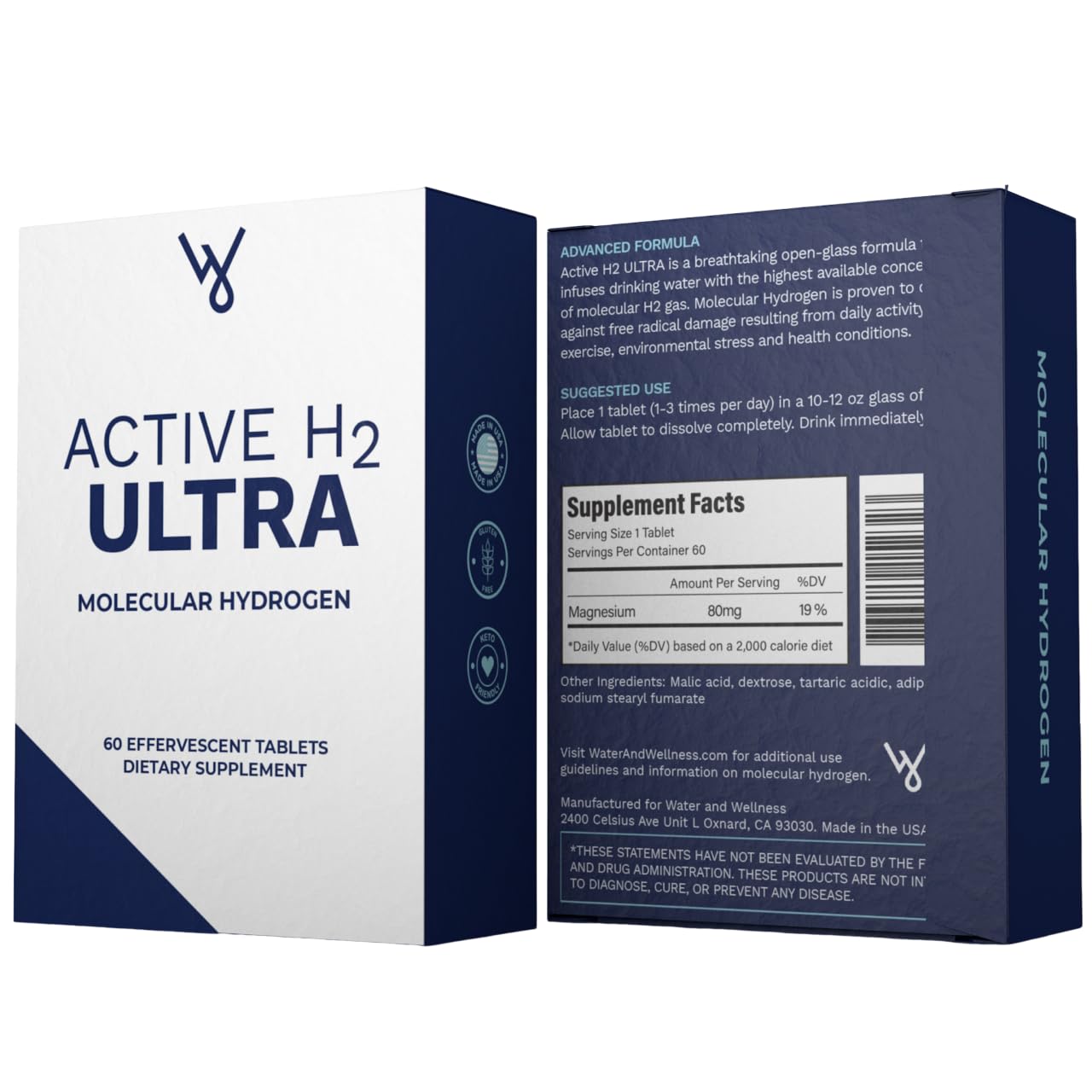 Active H2 Ultra glass of water with tablet mid-dissolution.