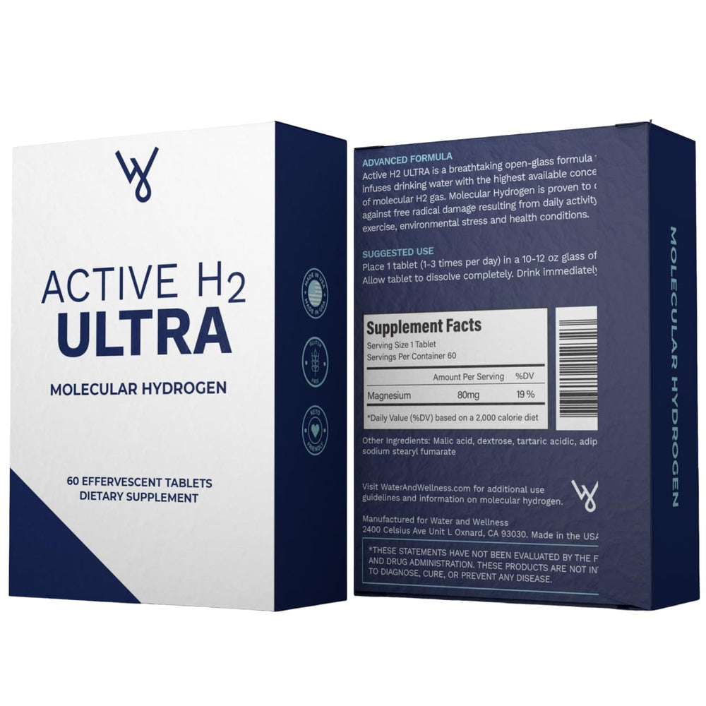 Active H2 Ultra glass of water with tablet mid-dissolution.