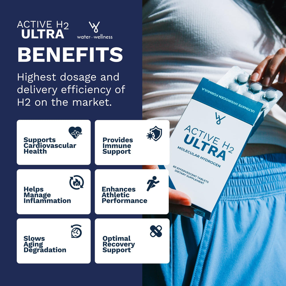 Active H2 Ultra tablet dissolving in water for hydrogen-enriched sip.