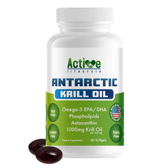 Active Lifestyle Antarctic Krill Oil bottle highlighting high potency EPA and DHA.