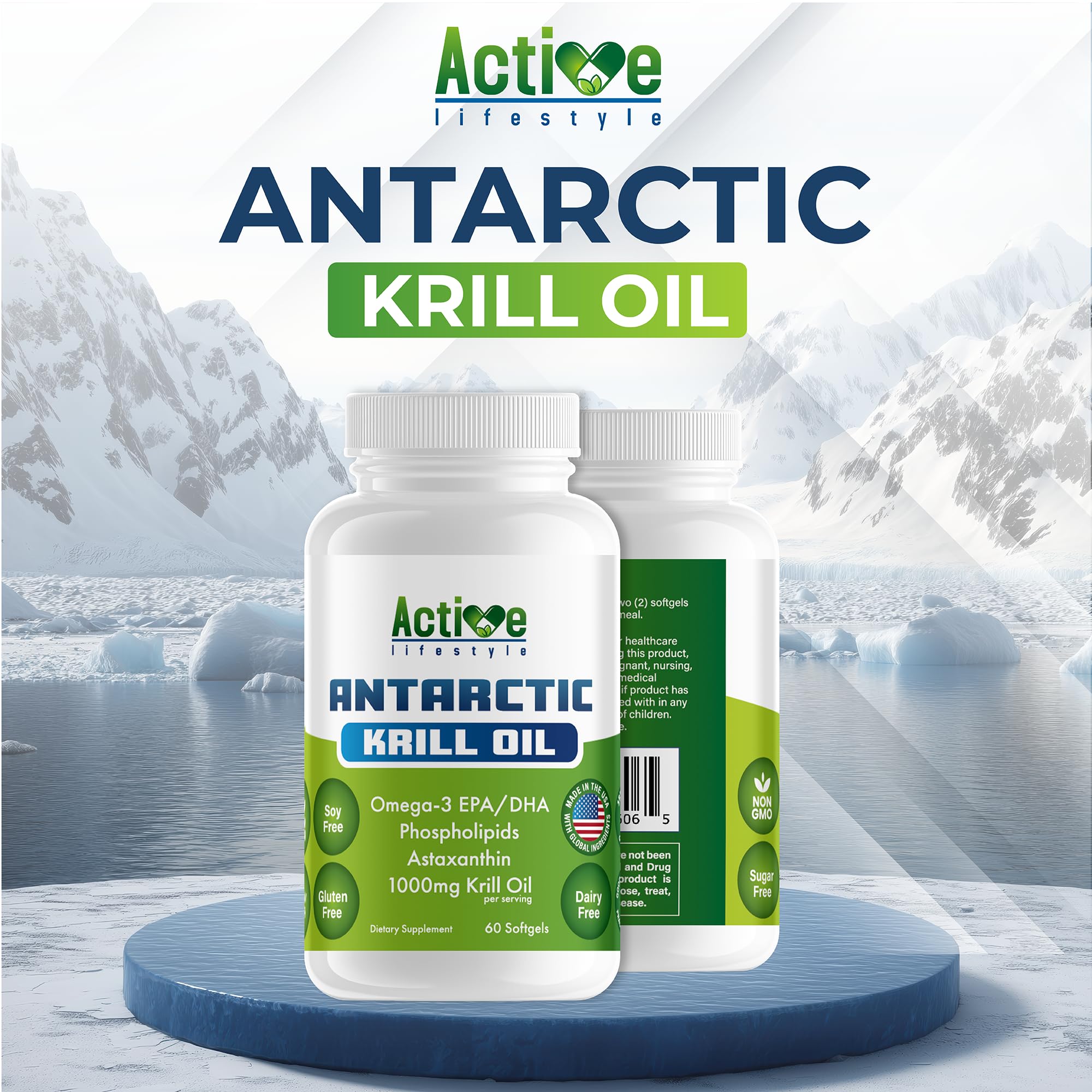 Active Lifestyle Antarctic Krill Oil label closeup showing non-GMO and gluten-free features.