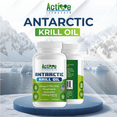 Active Lifestyle Antarctic Krill Oil label closeup showing non-GMO and gluten-free features.