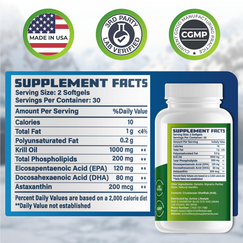 Active Lifestyle Antarctic Krill Oil branding emphasizes USA made production.