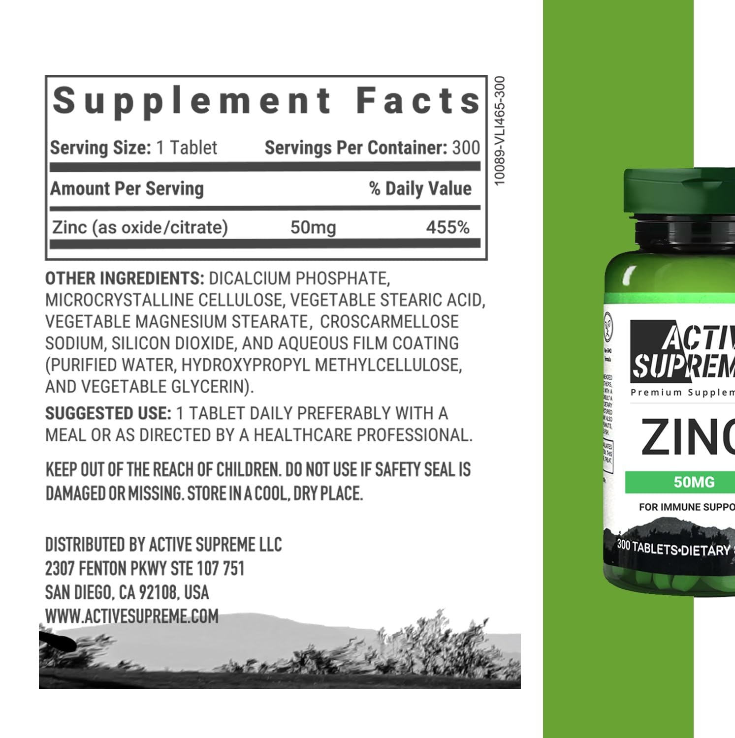 Active Supreme Zinc Citrate 50 mg bottle side view highlighting daily use