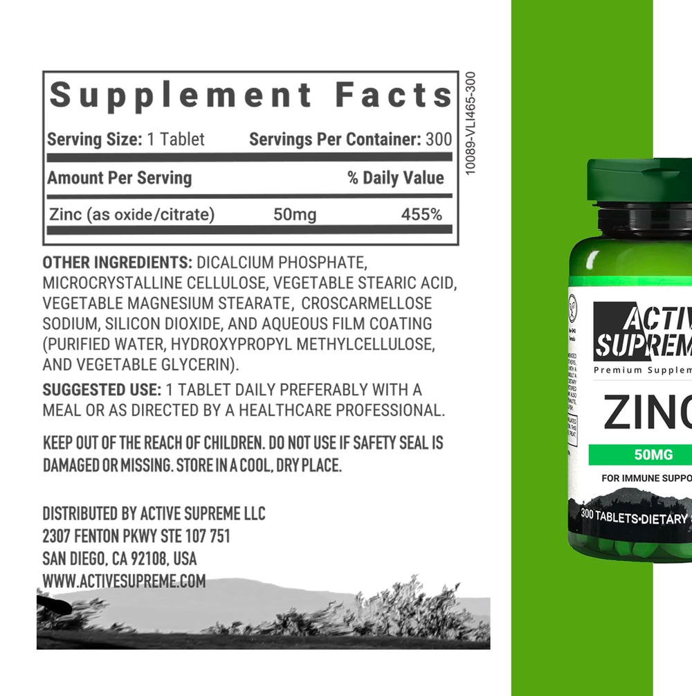 Active Supreme Zinc Citrate 50 mg bottle side view highlighting daily use