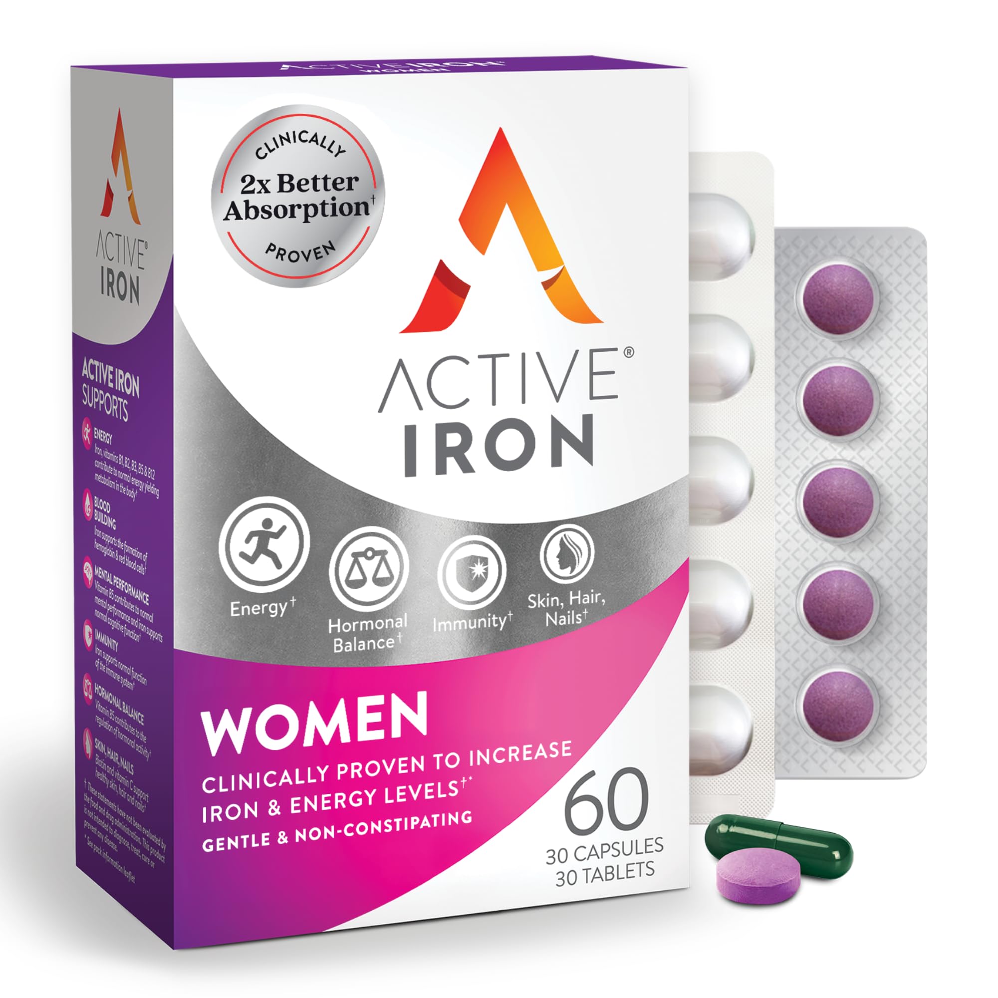 Active Iron bottle pour suggests easy daily dosing for steady energy.
