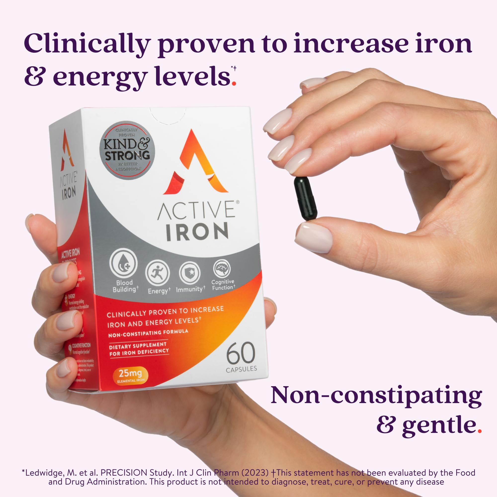 Active Iron capsules close-up emphasizes easy-to-swallow design for everyday use.