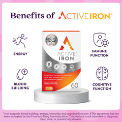 Active Iron packaging front shows 60 capsules and non-constipating formula.