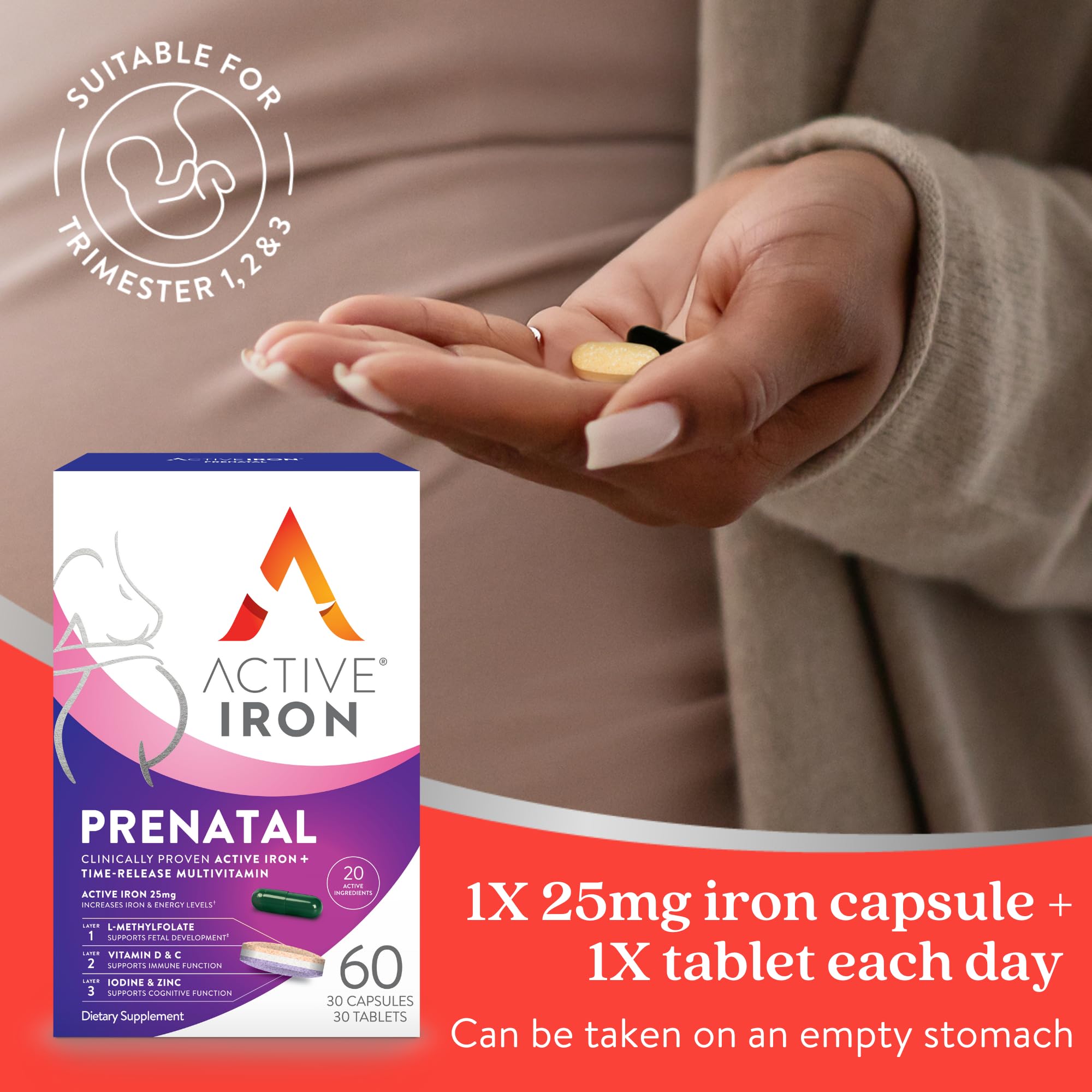 Active Iron Prenatal label lists iron and 20 nutrients for delivery