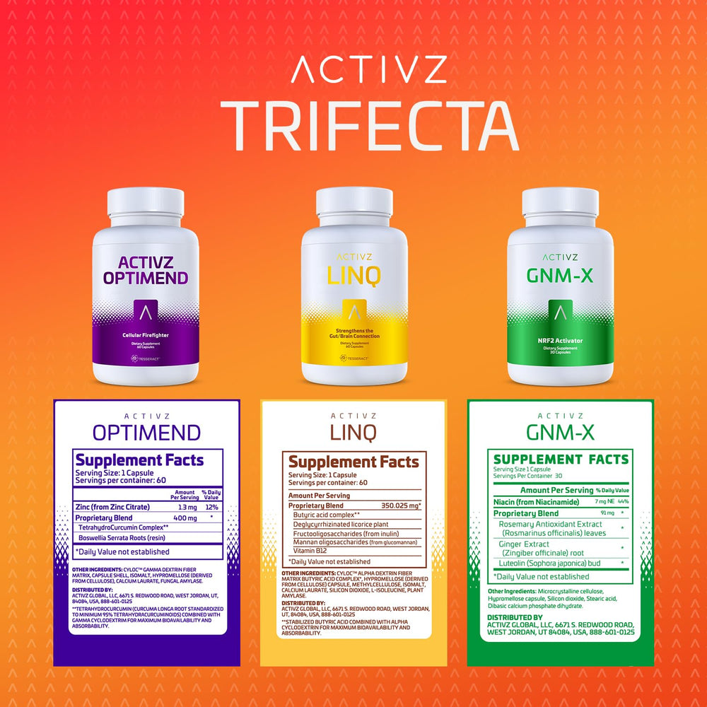 ACTIVZ GNM-X bottle close-up with label visible, highlighting cellular defense support.