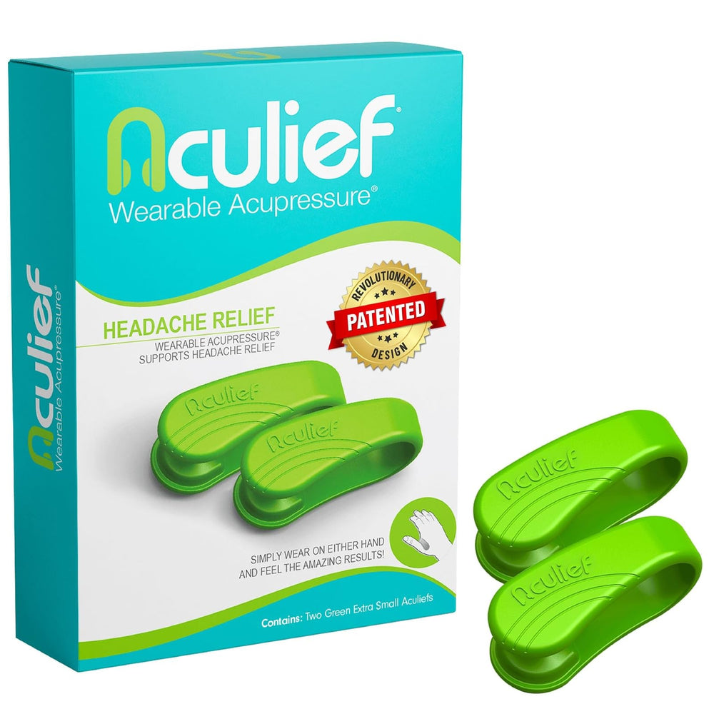 Aculief acupressure bracelet worn on the wrist for on-the-go tension support.