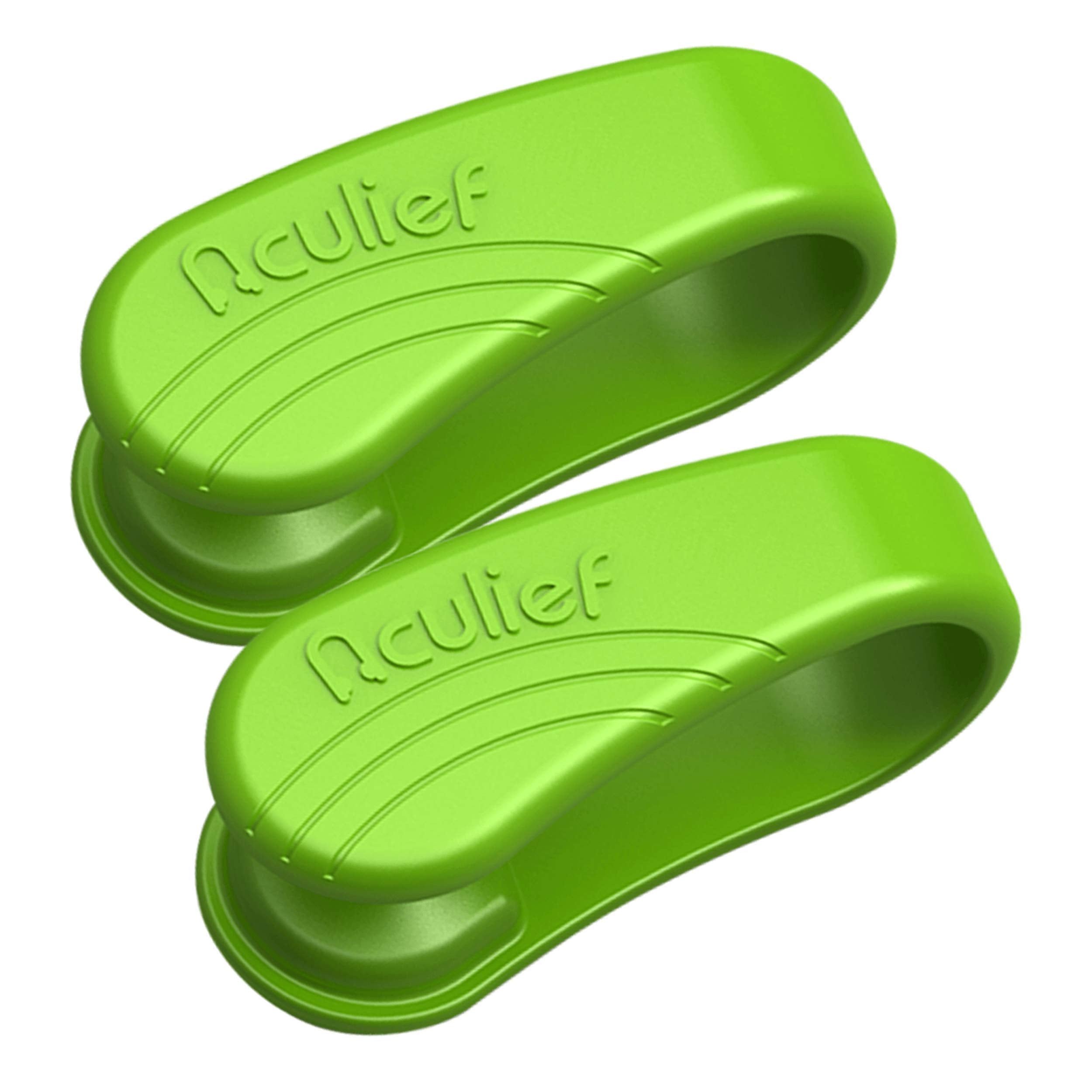 Aculief green bracelet adds a subtle, wearable wellness touch to outfits.