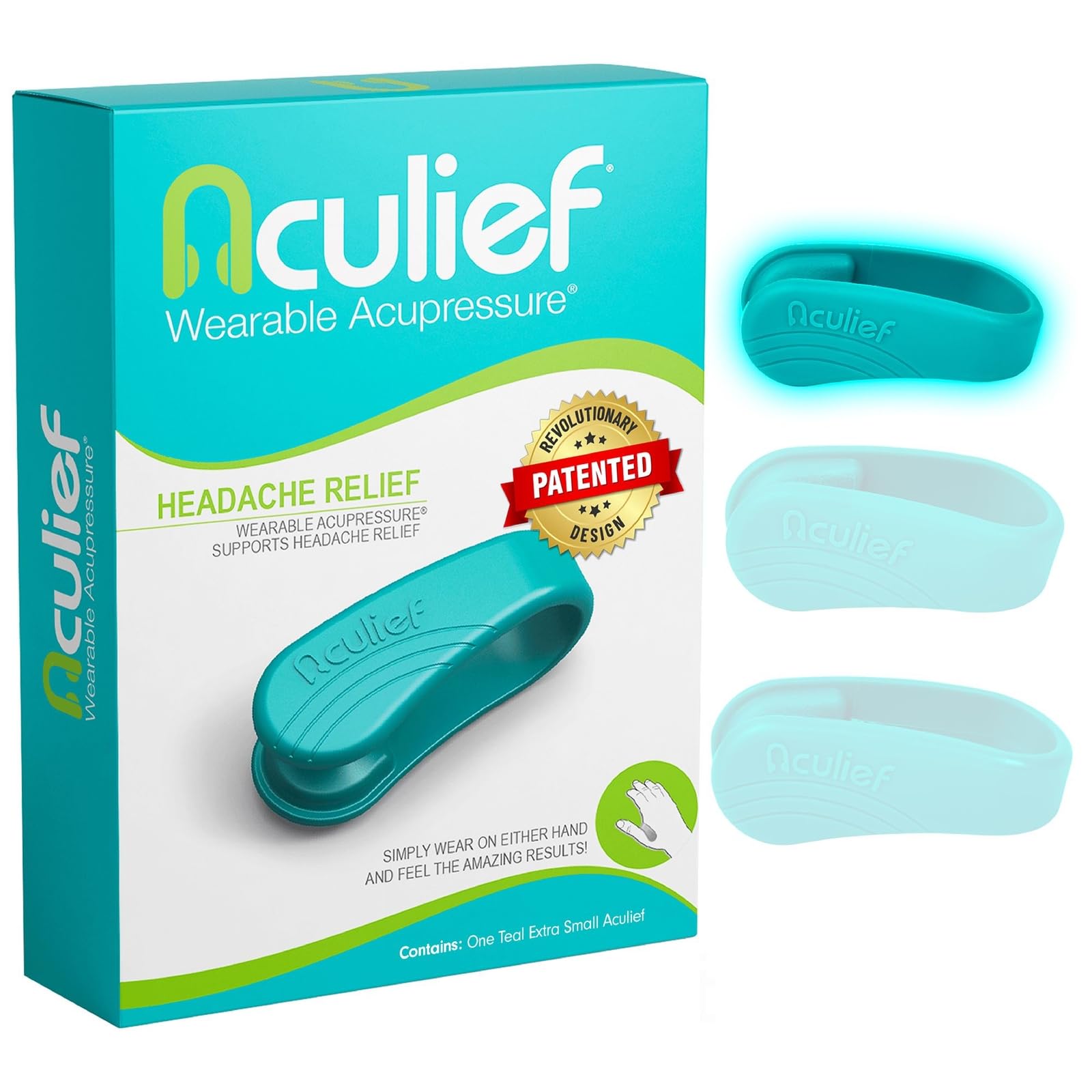 Aculief hand clip in teal worn discreetly for on-the-go stress support