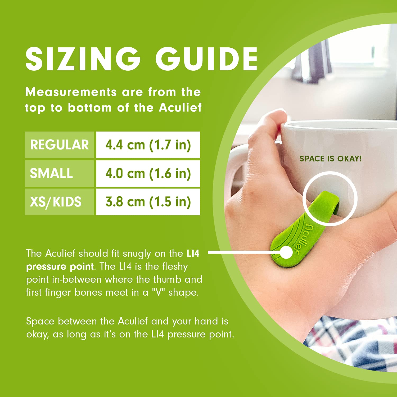 Aculief size guide helps find the right fit on the hand for LI4 contact.