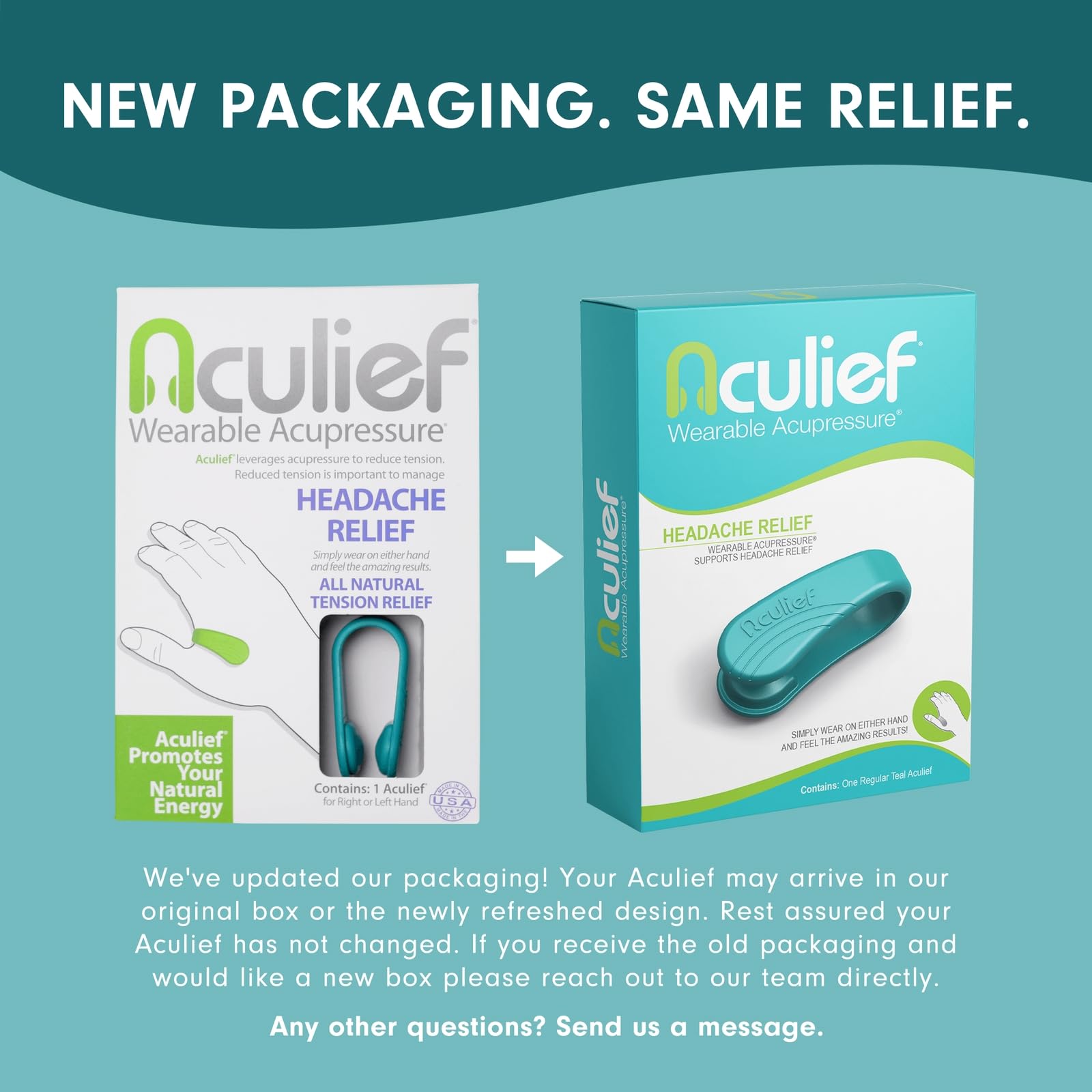 Aculief teal closeup showing the hand clip in use for on-the-go stress relief