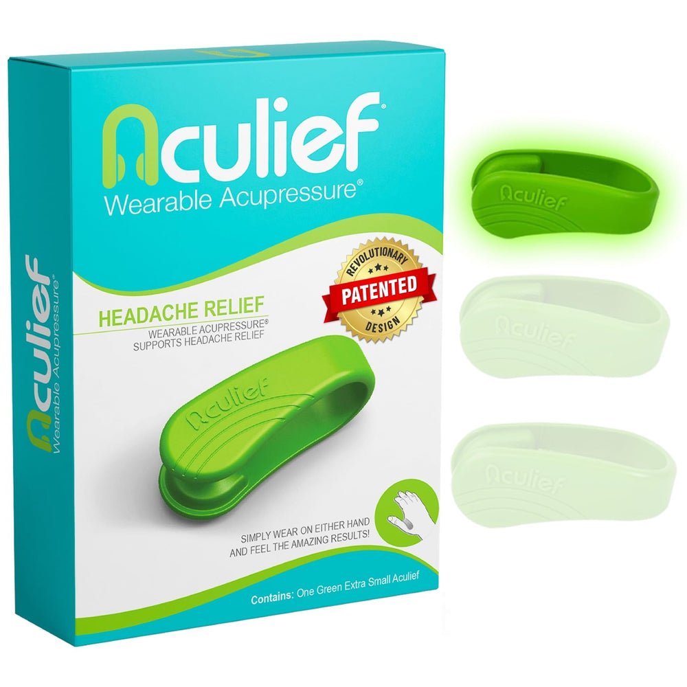 Aculief wearable acupressure clip on the hand, offering subtle stress relief.