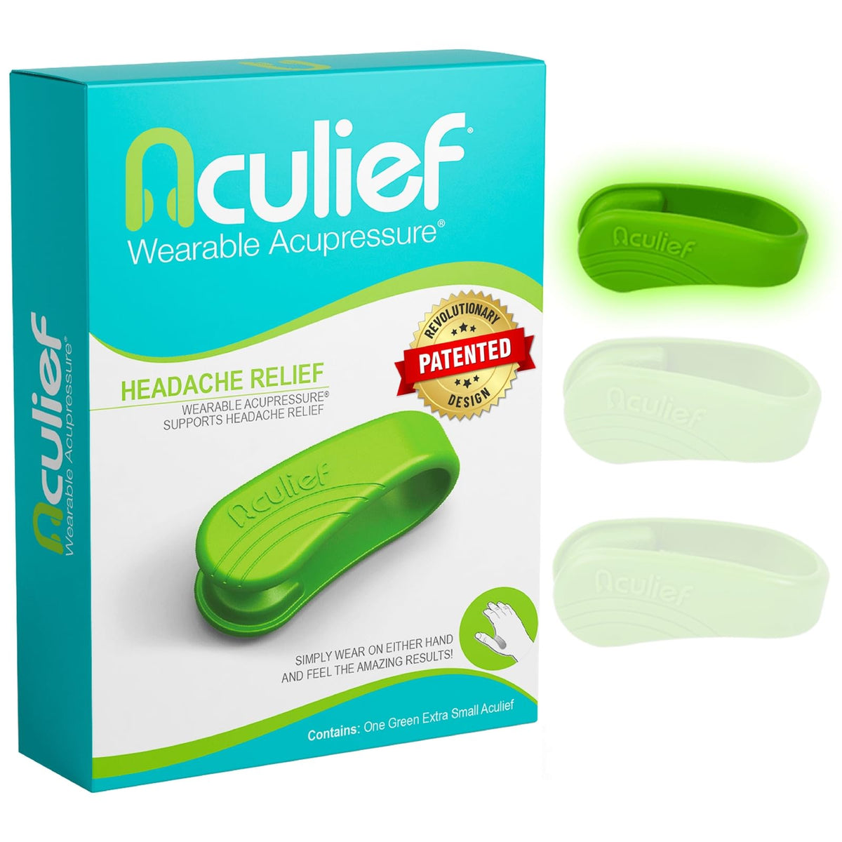Aculief wearable acupressure clip on the hand, offering subtle stress relief.