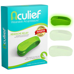 Aculief wearable acupressure clip on the hand, offering subtle stress relief.