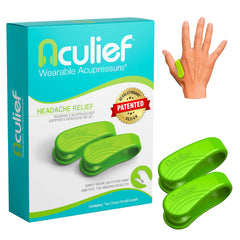 Aculief wearable acupressure device on hand for easy stress support and focus.