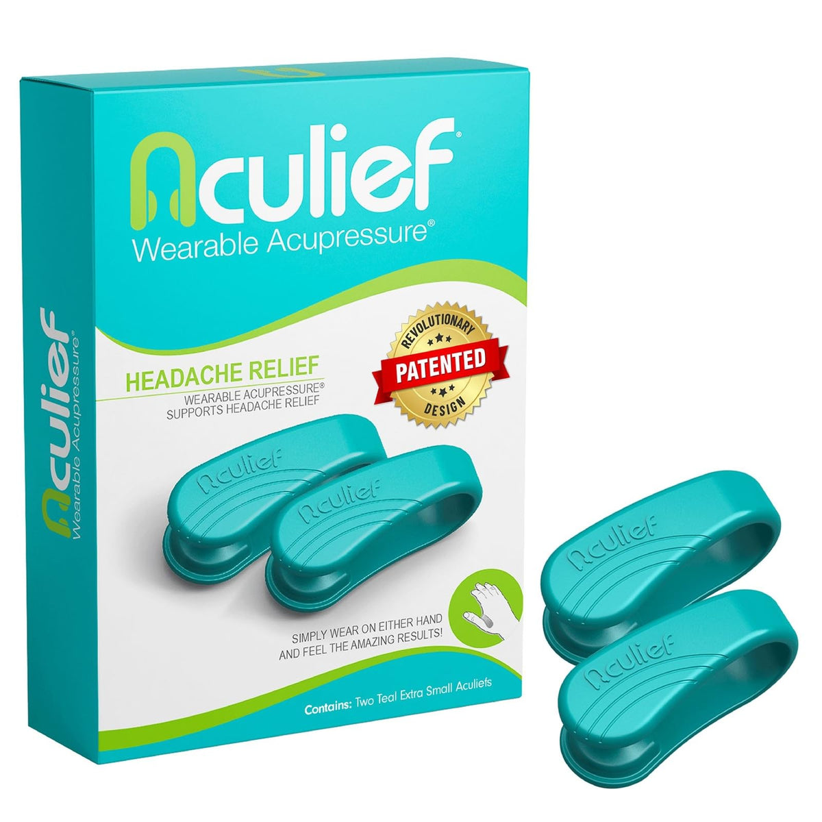 Aculief teal wearable acupressure hand clip, front view, discreet stress relief at work
