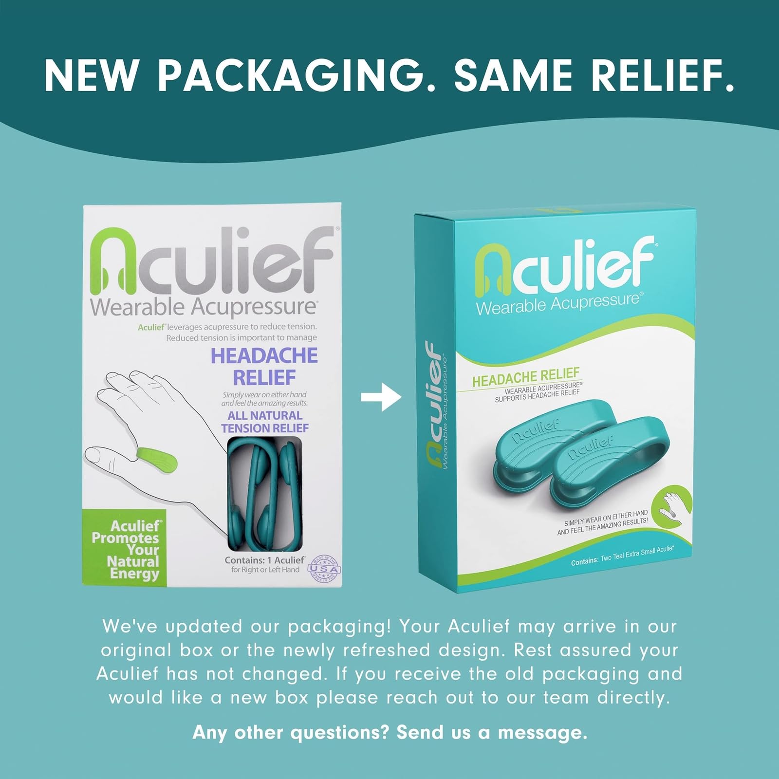 Aculief teal wearable acupressure hand clip, side view, supports on-the-go relaxation