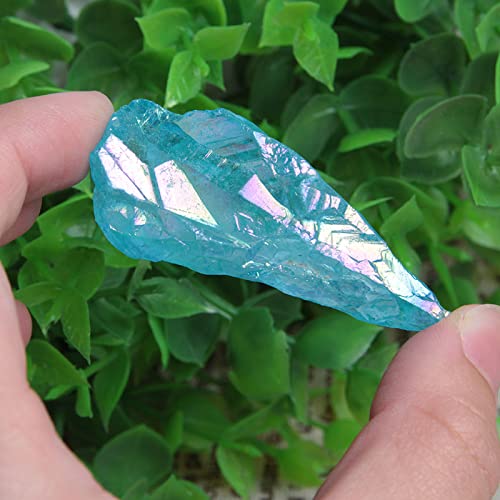 Acxico Rainbow Aura Lemurian Quartz blue crystal point shines with iridescent color for art