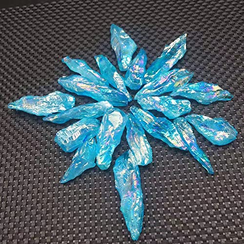 Acxico Rainbow Aura Lemurian Quartz blue crystal point offers vivid color and smooth facets