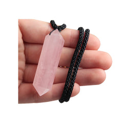 Acxico Rose Quartz Pendulum Necklace front view highlighting hexagonal point for meditation