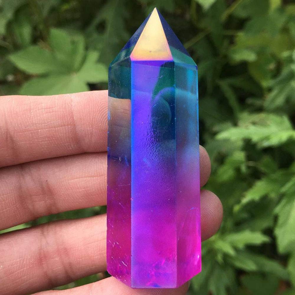 Acxico Titanium Rainbow Quartz obelisk wand ornament ready to illuminate a desk or shelf.