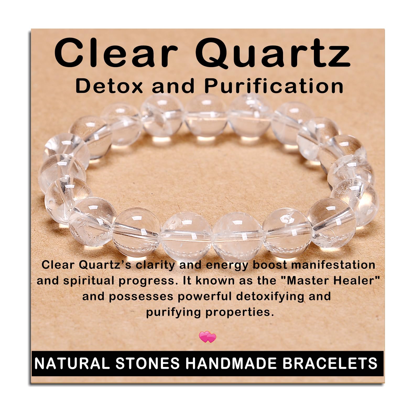 AD Beads Clear Quartz Bracelet 10mm closeup highlighting detox and purification potential with a chic look.
