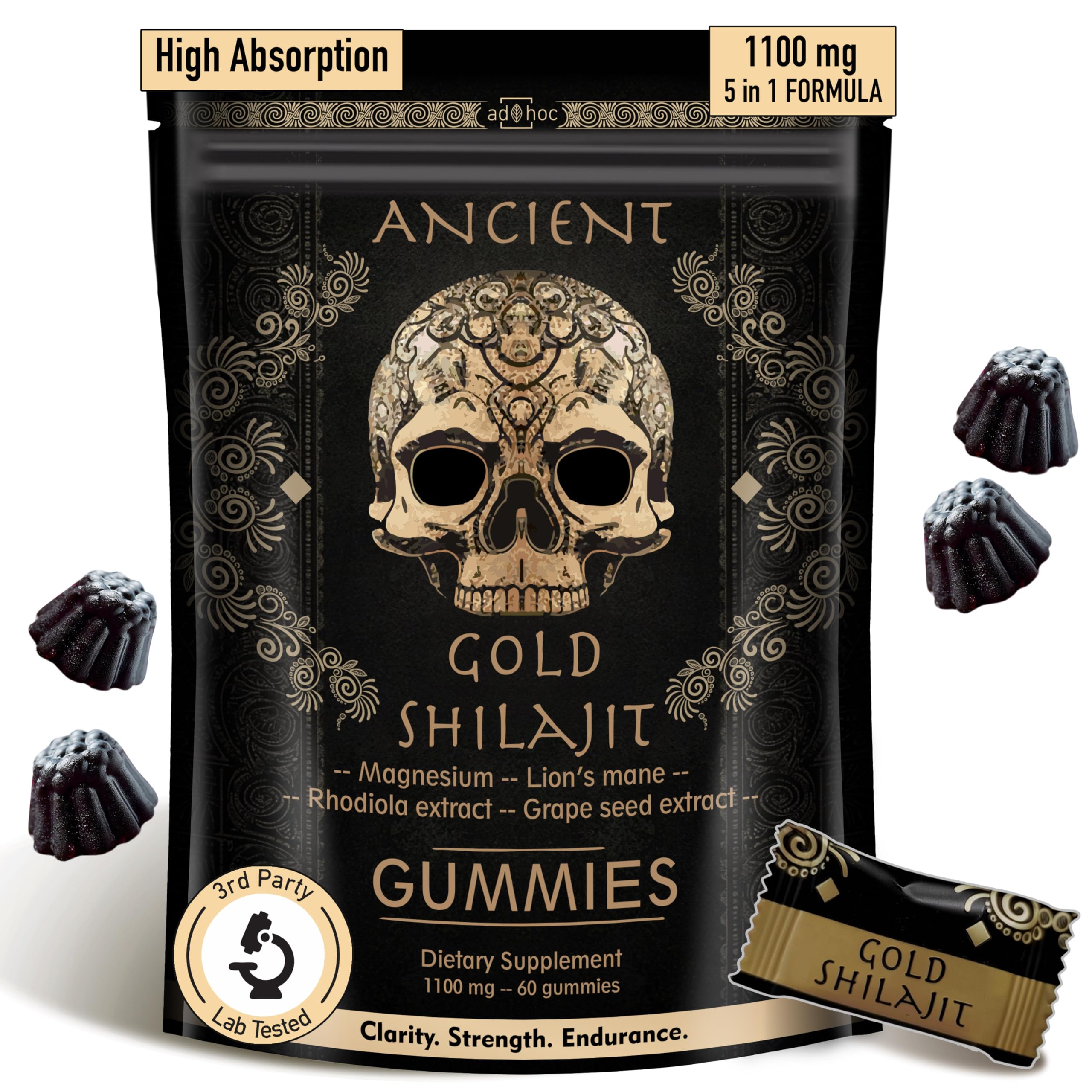 ad hoc gold shilajit gummies bottle highlights energy-boosting daily wellness.