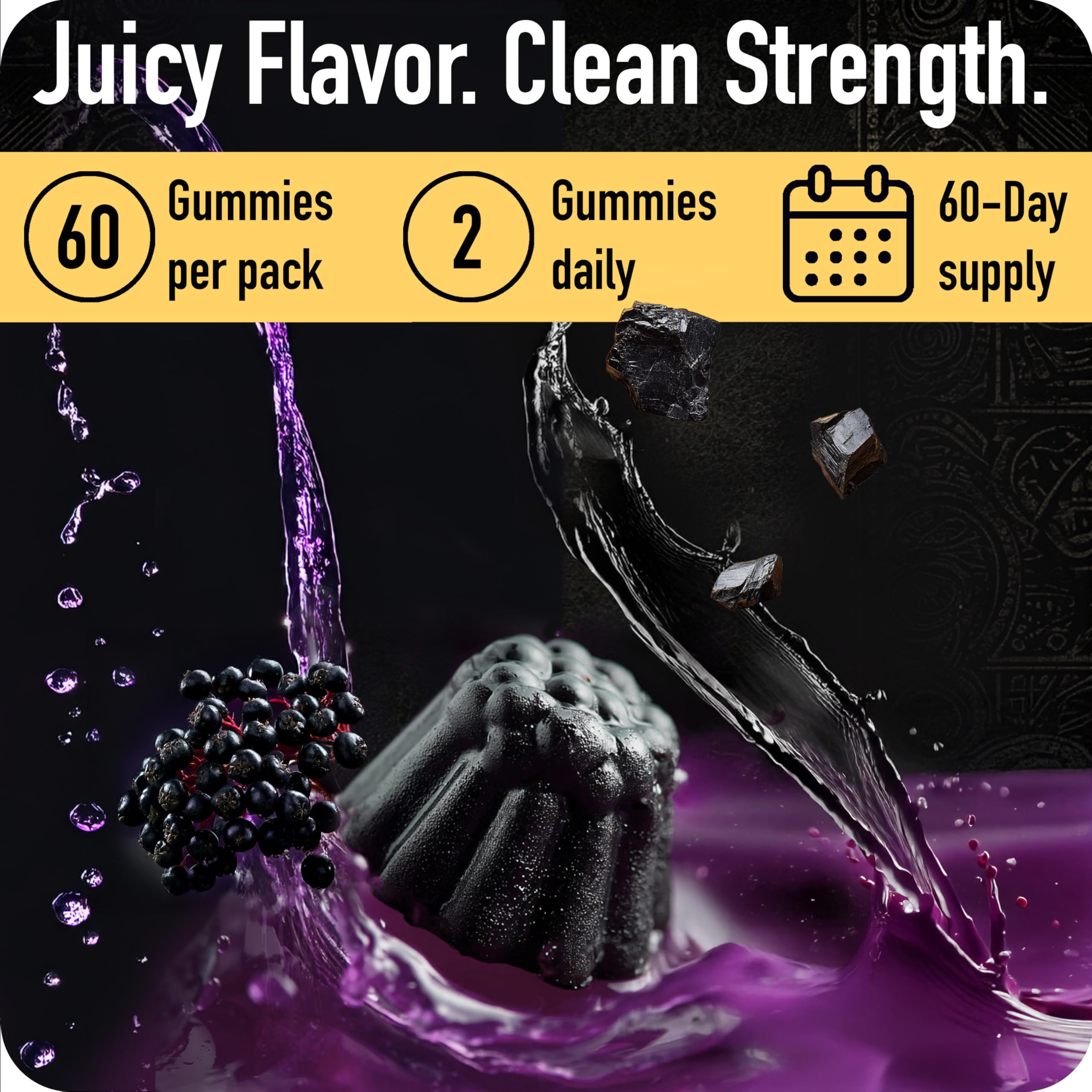 ad hoc gold shilajit gummies closeup reveals elderberry flavor for tasty daily support.