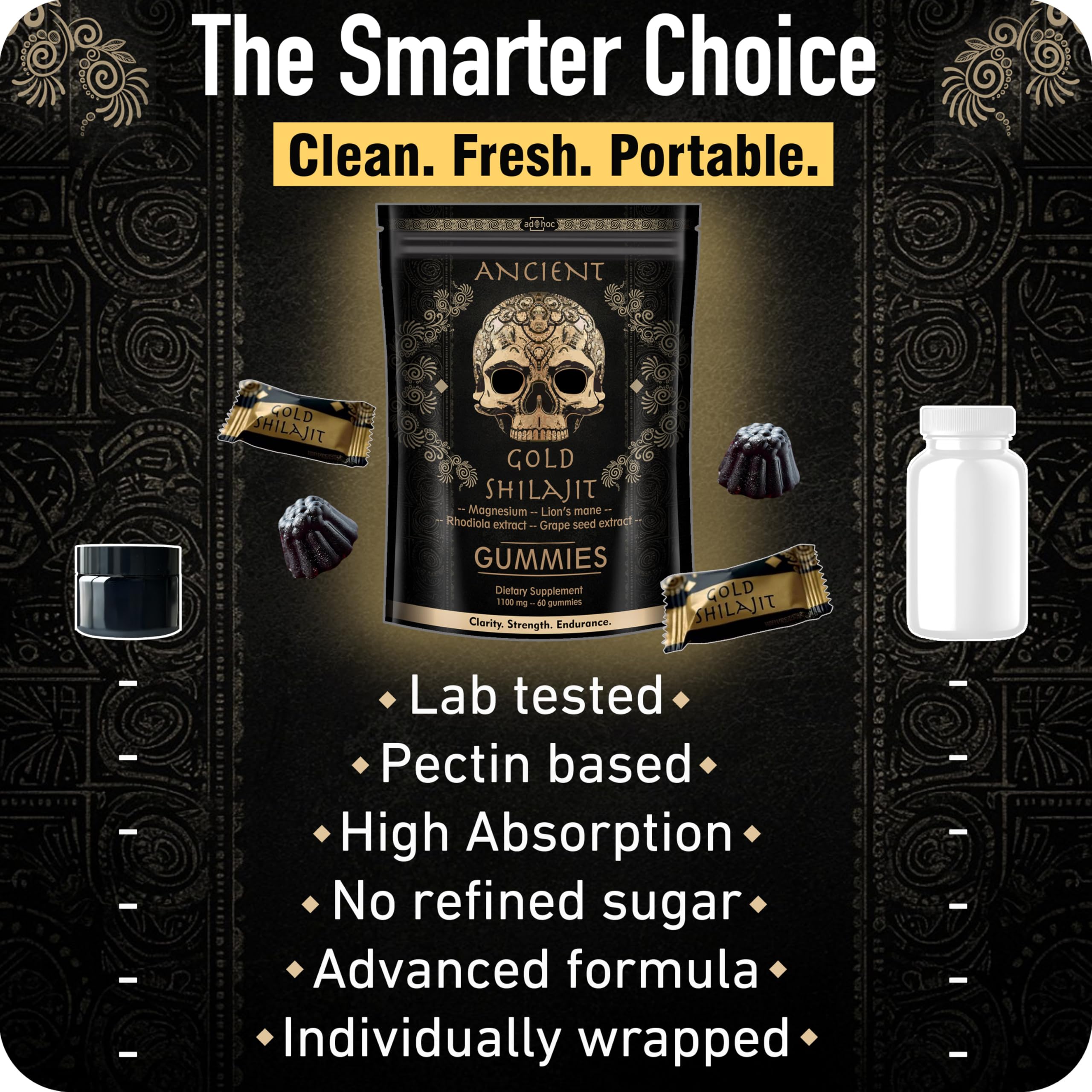 ad hoc gold shilajit gummies elderberry flavor image signals clean, sugar-free boost.