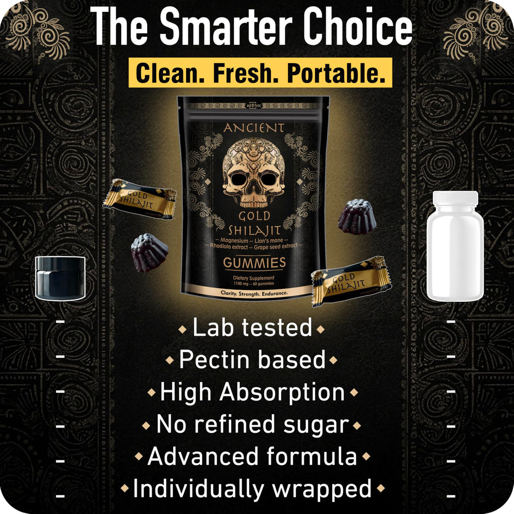 ad hoc gold shilajit gummies elderberry flavor image signals clean, sugar-free boost.
